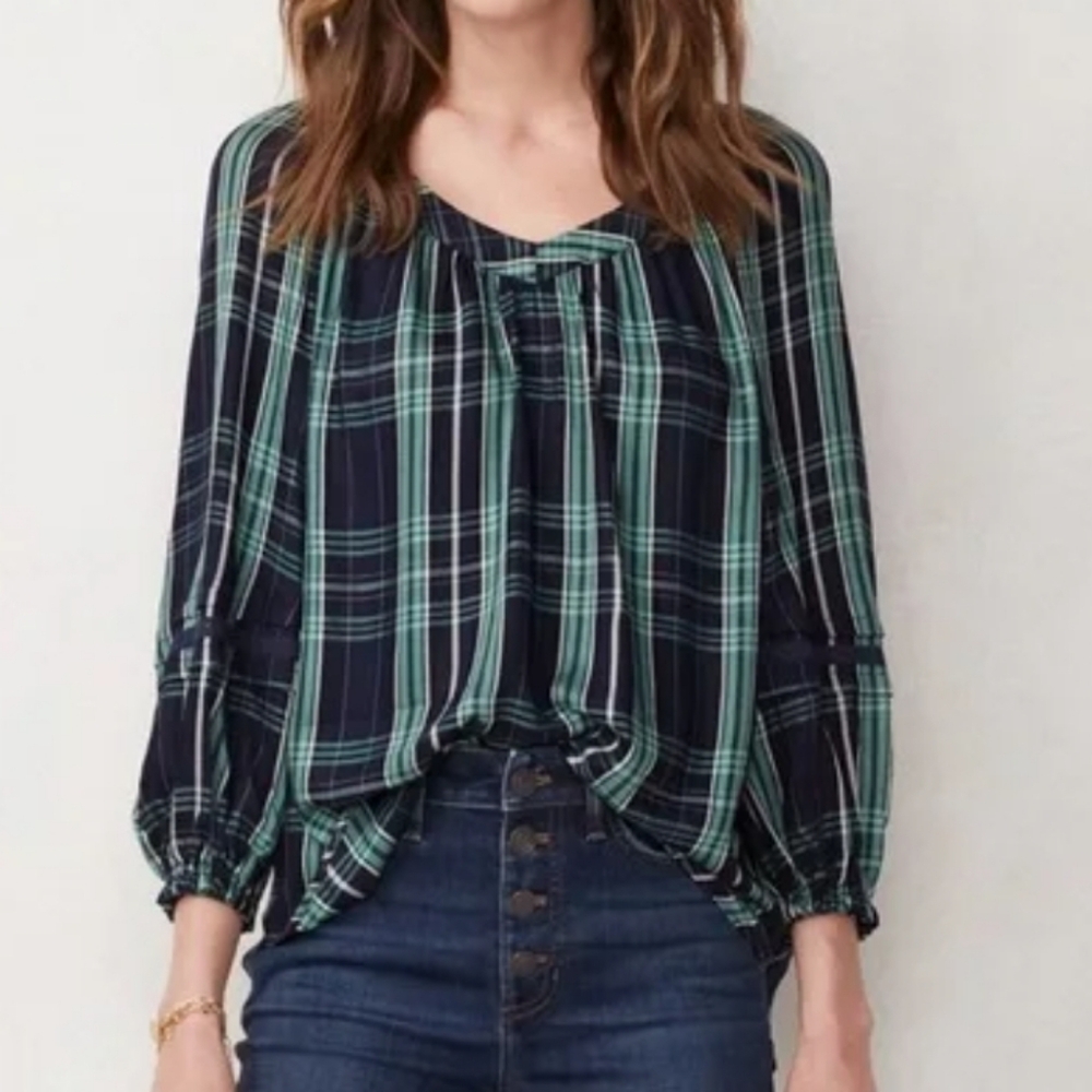 LC Lauren Conrad Plaid Blouse - Navy and Teal